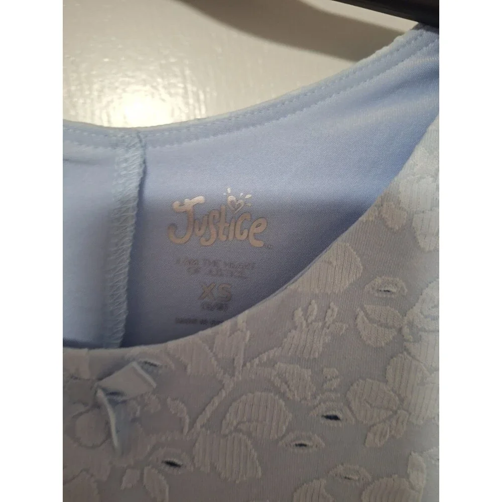 Justice Girls Blue Floral Lace A-Line Short Dress Round Neck Long Sleeve XS